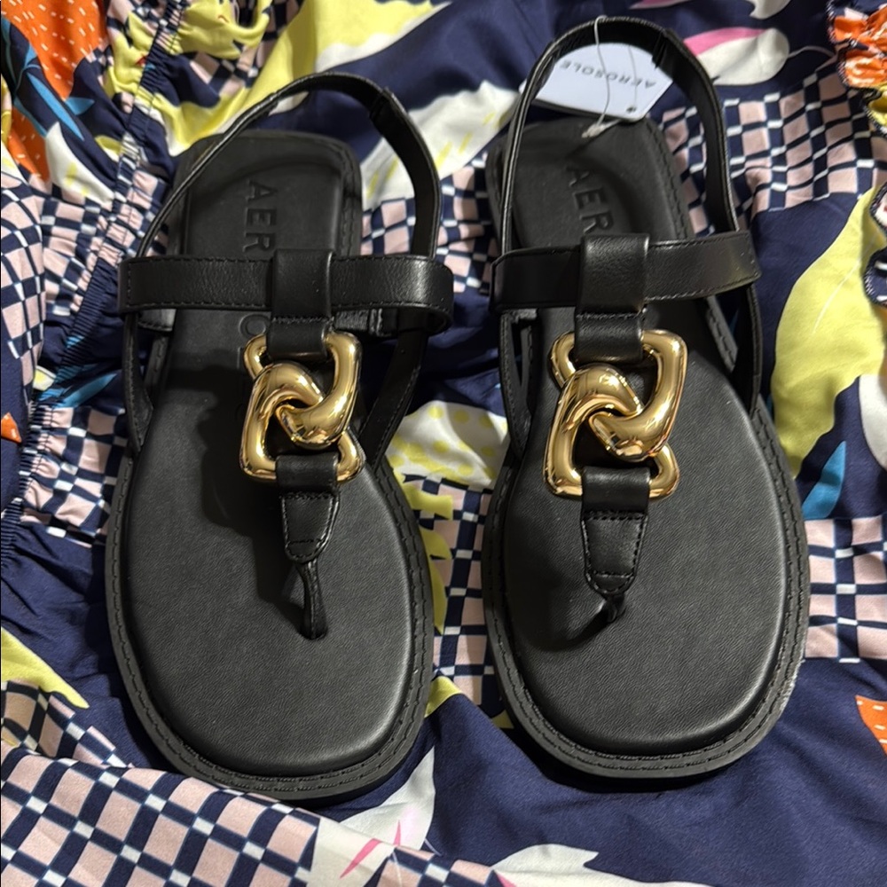 Aerosoles Black Sandals with Gold Chain Detail 8